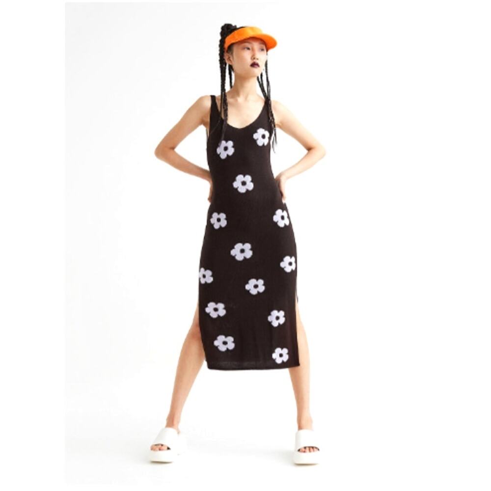Black Daisy Bodycon Knit Dress - Divided - Floral Slip - M
